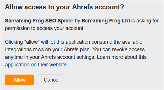 Screaming Frog Zugriff auf Ahrefs Account erlauben