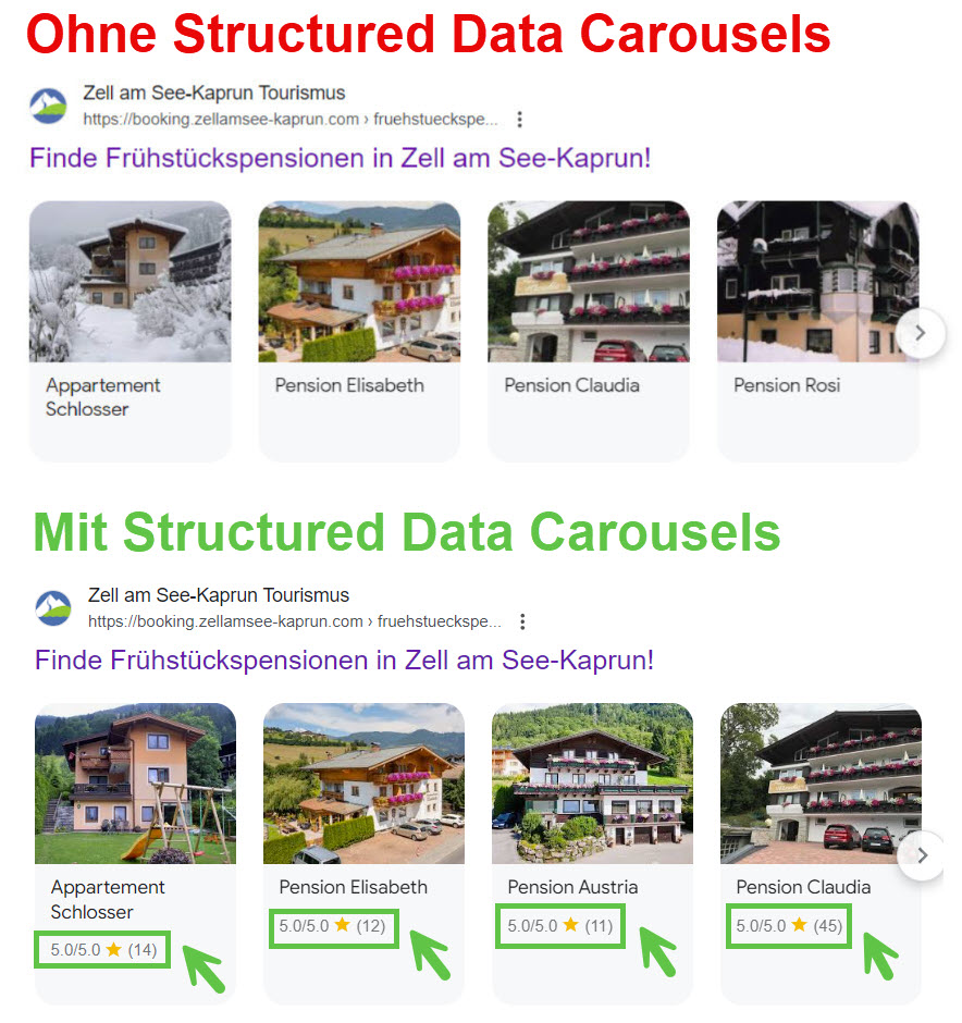 Screenshots von Google Suchergebnissen mit und ohne Structured Data Carousels